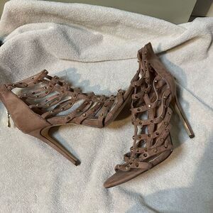 Pink suede like pink gladiator heels with gold accents size 9
